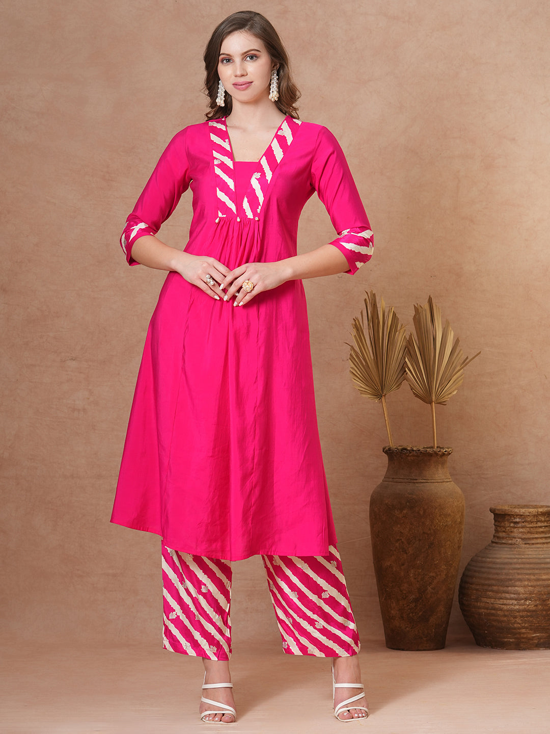 Solid Ethnic Leheriya & Printed A-Line Co-ord Set - Pink