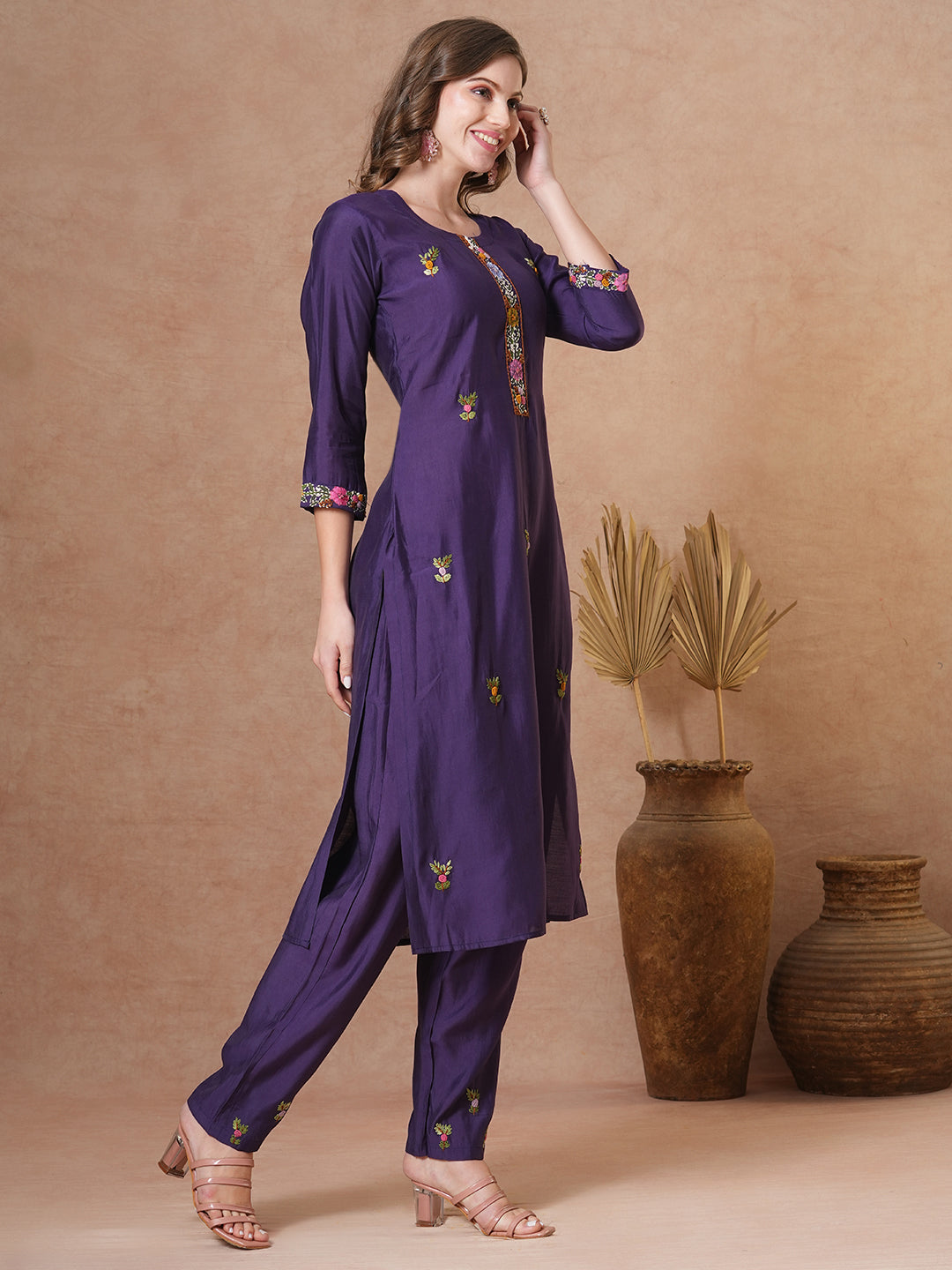 Floral Hand Painted & Embroidered Straight Fit Kurta with Pant - Purple