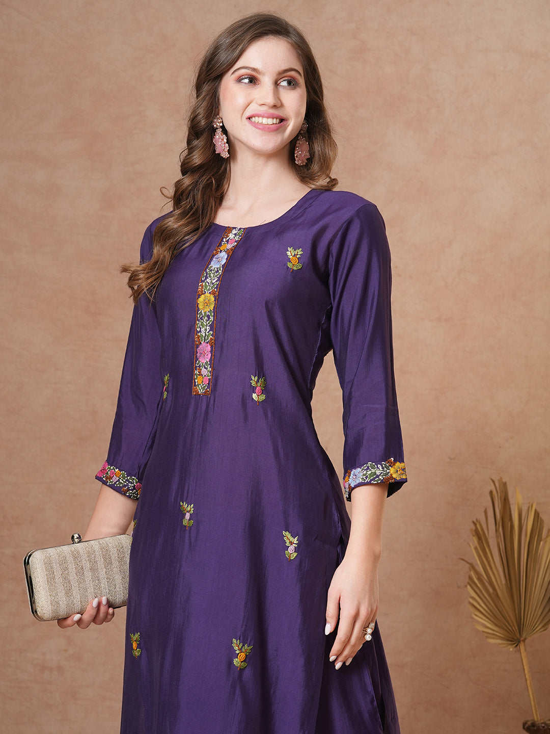 Floral Hand Painted & Embroidered Straight Fit Kurta with Pant - Purple