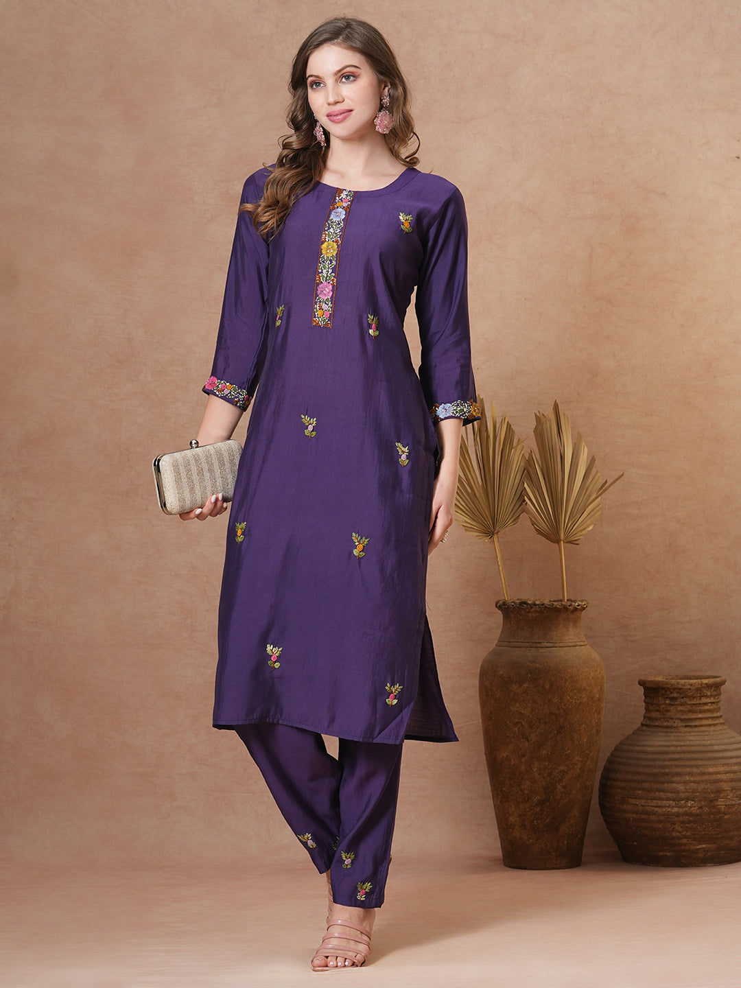 Floral Hand Painted & Embroidered Straight Fit Kurta with Pant - Purple