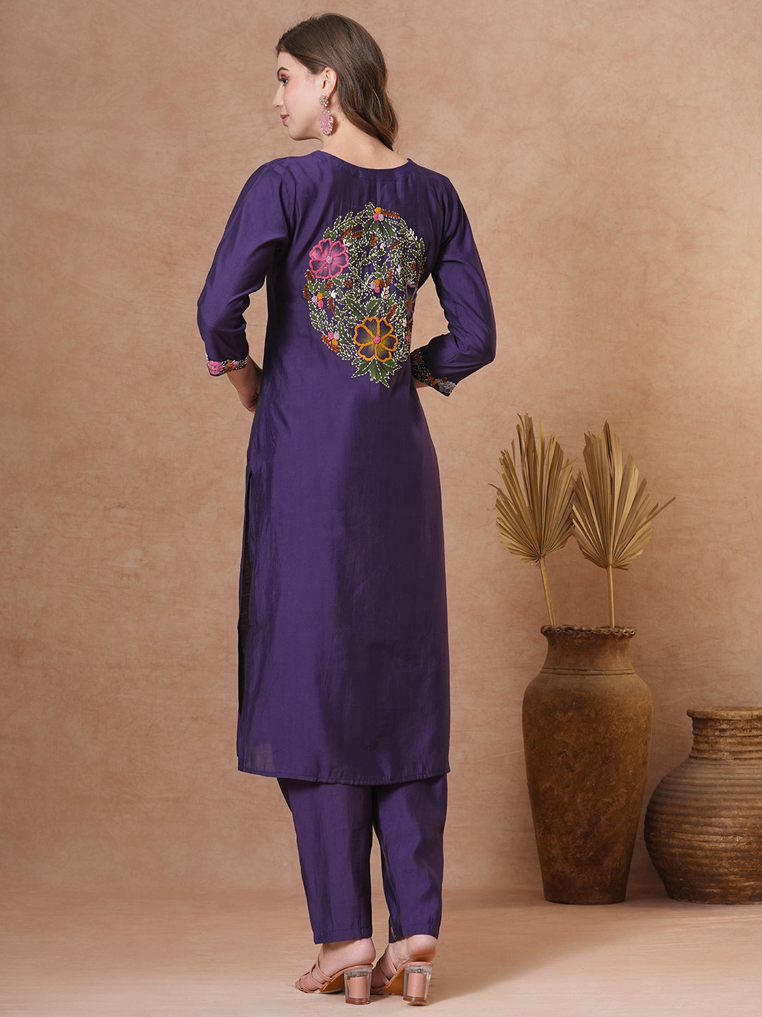 Floral Hand Painted & Embroidered Straight Fit Kurta with Pant - Purple