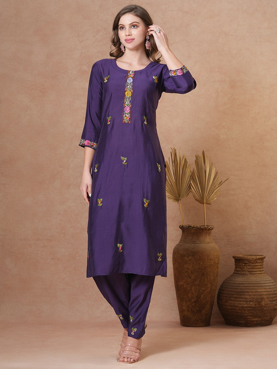 Floral Hand Painted & Embroidered Straight Fit Kurta with Pant - Purple