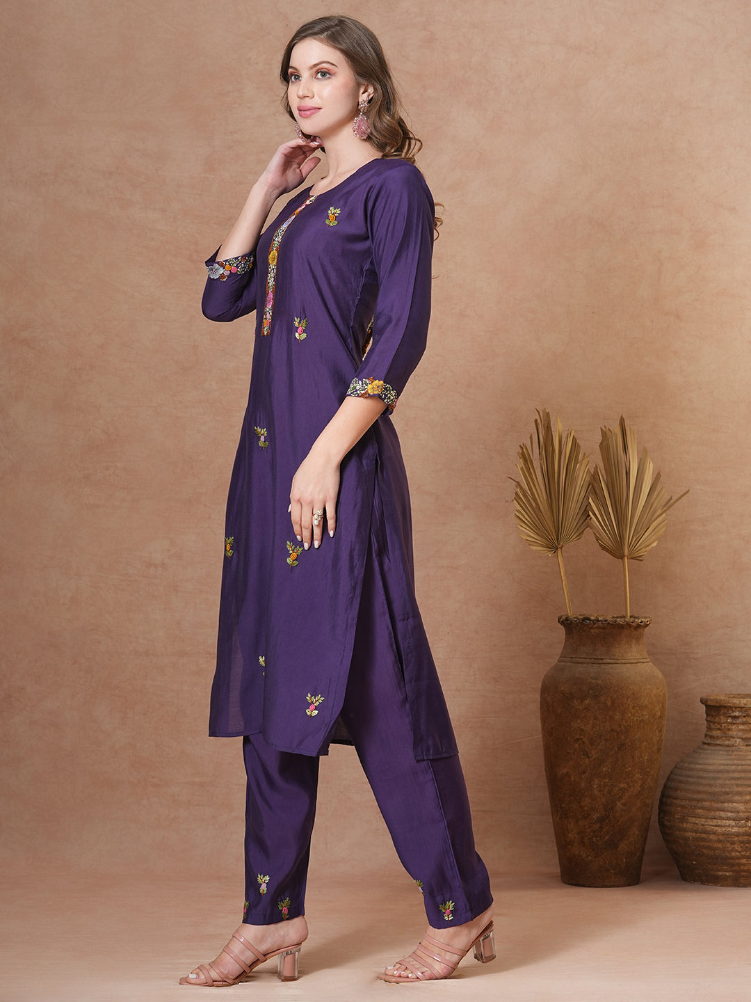 Floral Hand Painted & Embroidered Straight Fit Kurta with Pant - Purple