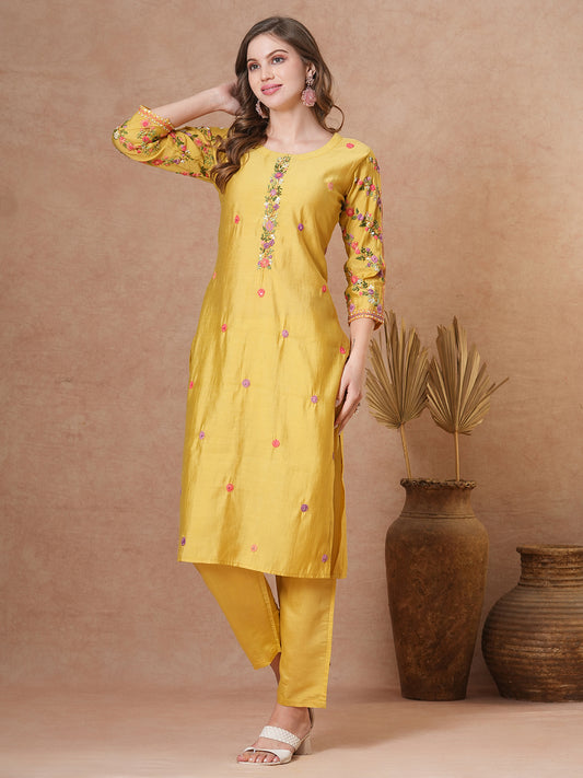 Solid Floral Hand Embroidered Straight Fit Co-ord Set - Yellow