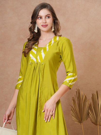 Ethnic Solid A-Line Pleated Kurta with Printed Pant - Lime Green