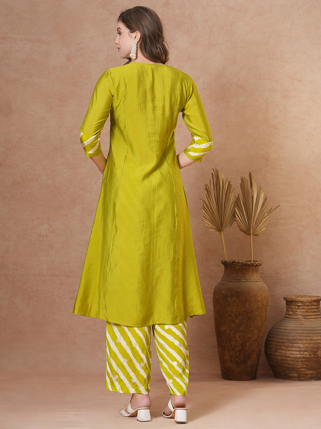 Ethnic Solid A-Line Pleated Kurta with Printed Pant - Lime Green