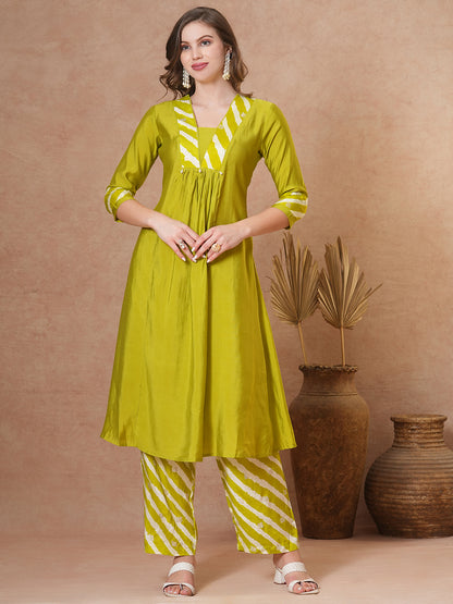 Ethnic Solid A-Line Pleated Kurta with Printed Pant - Lime Green