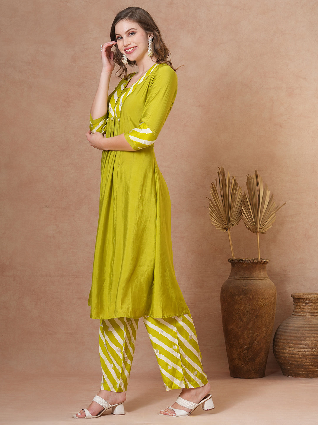 Ethnic Solid A-Line Pleated Kurta with Printed Pant - Lime Green