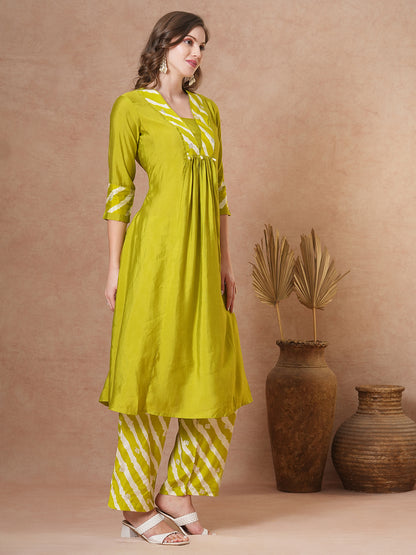 Ethnic Solid A-Line Pleated Kurta with Printed Pant - Lime Green