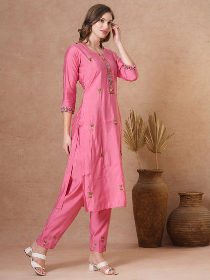 Floral Hand Painted & Embroidered Straight Fit Kurta with Pant - Pink