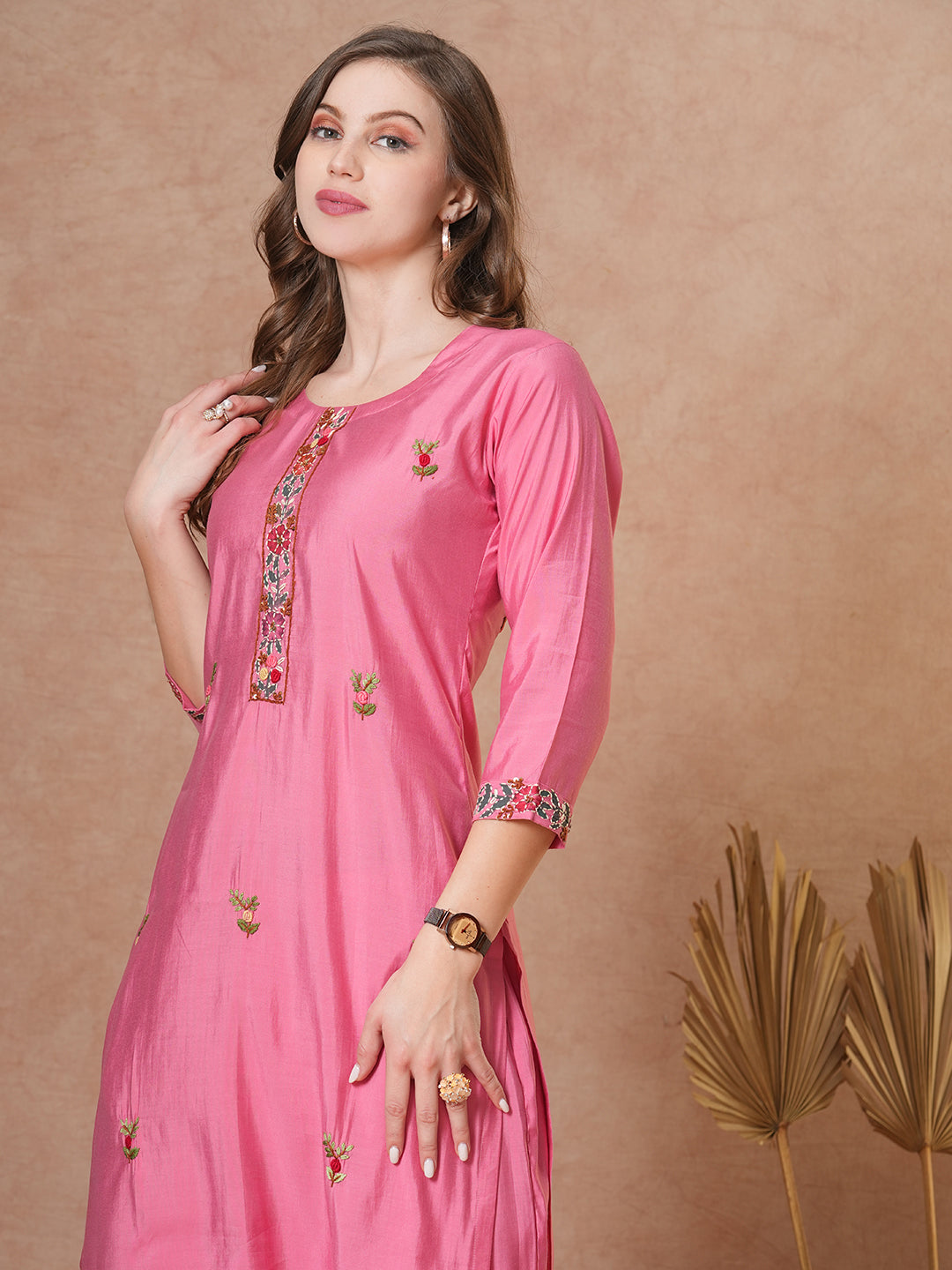 Floral Hand Painted & Embroidered Straight Fit Kurta with Pant - Pink