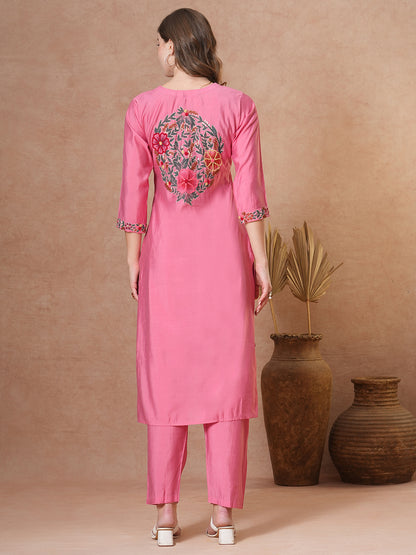 Floral Hand Painted & Embroidered Straight Fit Kurta with Pant - Pink