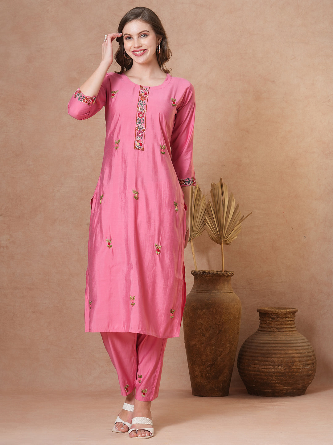 Floral Hand Painted & Embroidered Straight Fit Kurta with Pant - Pink