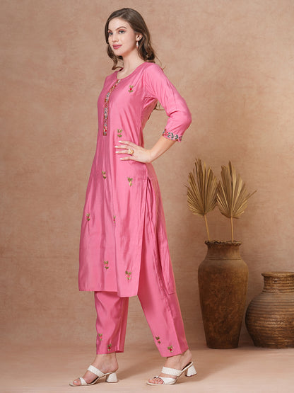 Floral Hand Painted & Embroidered Straight Fit Kurta with Pant - Pink