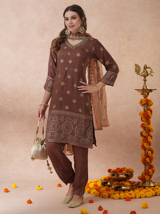 Ethnic Hand Embroidered Jacquard Straight Kurta with Pant & Dupatta - Brown