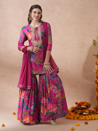 Abstract Floral Printed & Hand Embroidered Straight Fit Kurta with Sharara and Dupatta - Pink