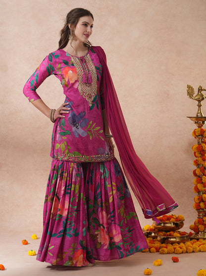 Abstract Floral Printed & Hand Embroidered Straight Fit Kurta with Sharara and Dupatta - Pink