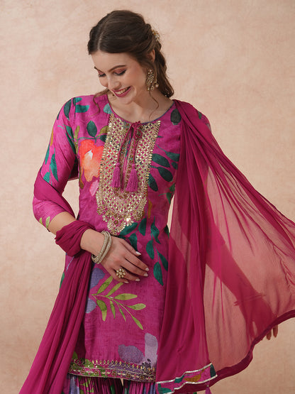 Abstract Floral Printed & Hand Embroidered Straight Fit Kurta with Sharara and Dupatta - Pink