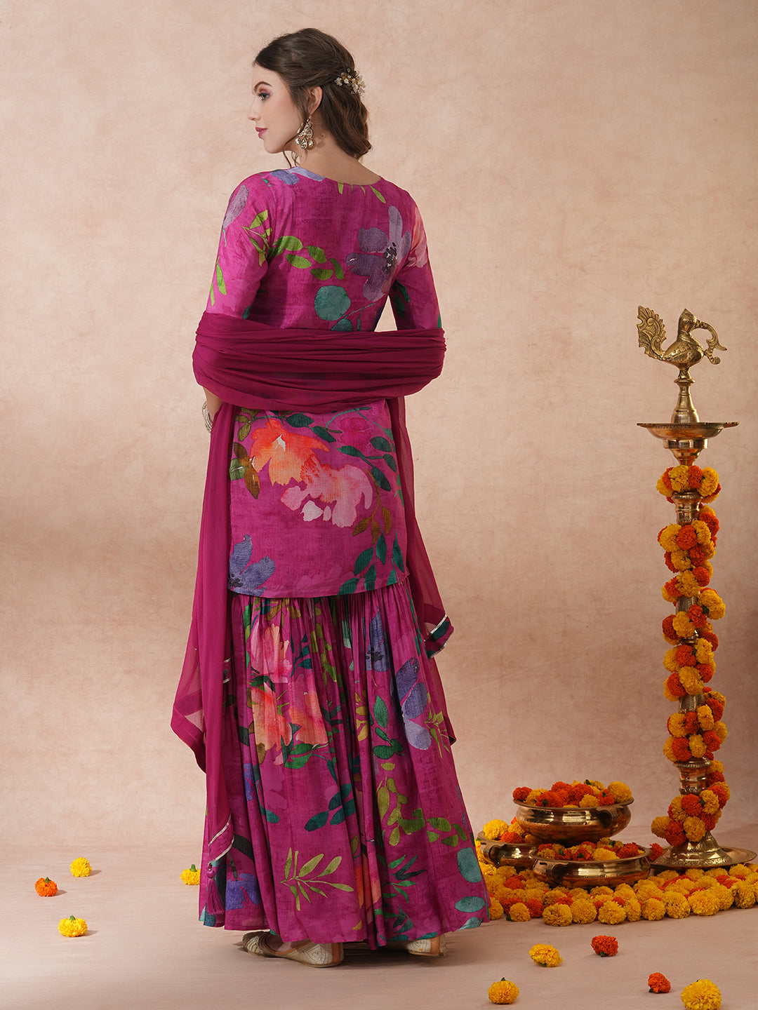 Abstract Floral Printed & Hand Embroidered Straight Fit Kurta with Sharara and Dupatta - Pink