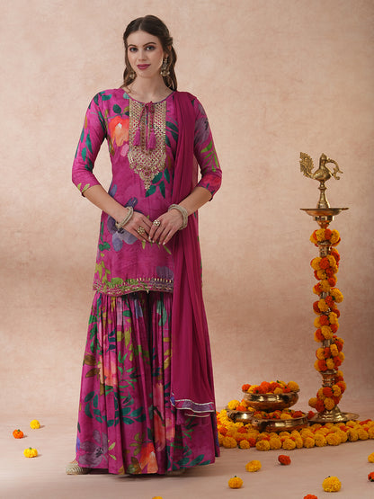 Abstract Floral Printed & Hand Embroidered Straight Fit Kurta with Sharara and Dupatta - Pink