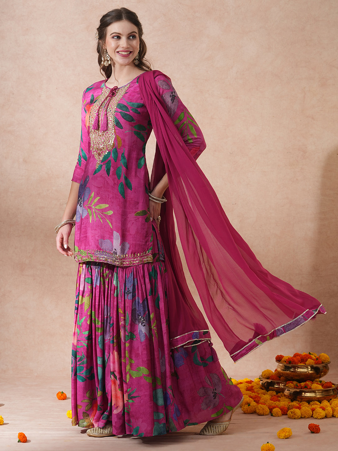 Abstract Floral Printed & Hand Embroidered Straight Fit Kurta with Sharara and Dupatta - Pink