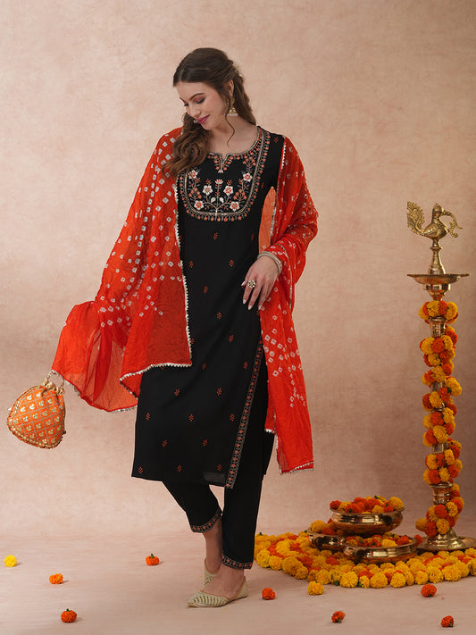 Solid Floral Embroidered Straight Fit Kurta with Pant and Dupatta - Black