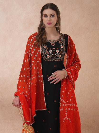 Solid Floral Embroidered Straight Fit Kurta with Pant and Dupatta - Black