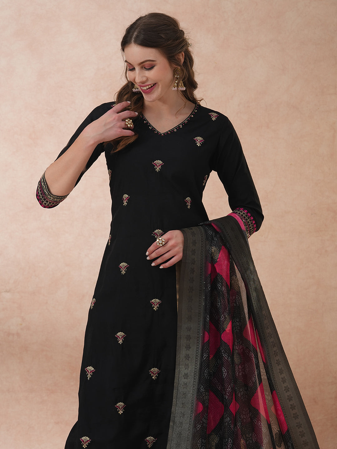 Ethnic Floral Embroidered Straight Fit Kurta with Pant and Dupatta - Black