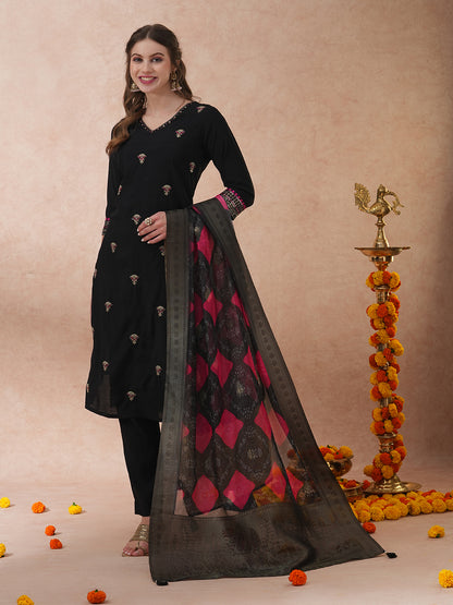 Ethnic Floral Embroidered Straight Fit Kurta with Pant and Dupatta - Black