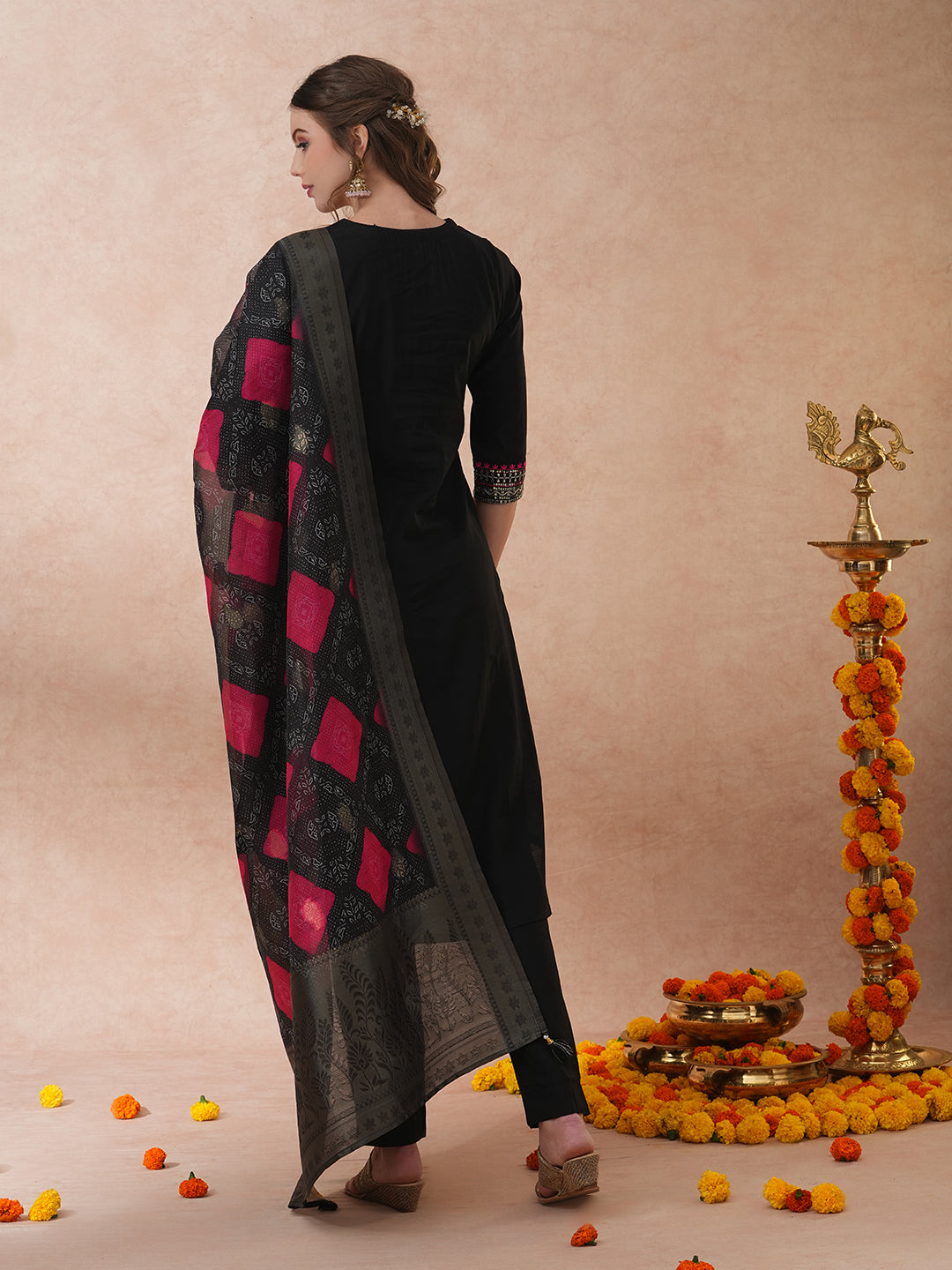 Ethnic Floral Embroidered Straight Fit Kurta with Pant and Dupatta - Black