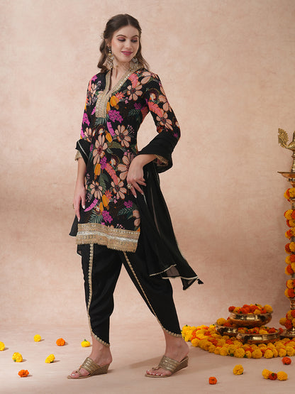 Abstract Floral Printed & Hand Embroidered A-Line Kurta with Pant & Dupatta - Black