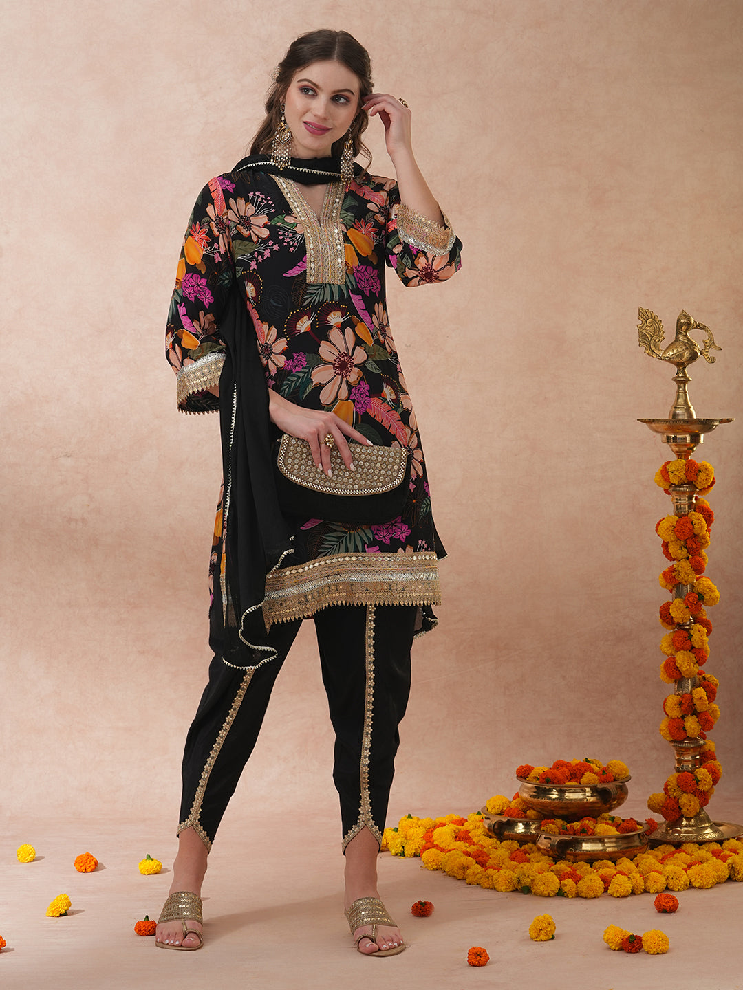 Abstract Floral Printed & Hand Embroidered A-Line Kurta with Pant & Dupatta - Black