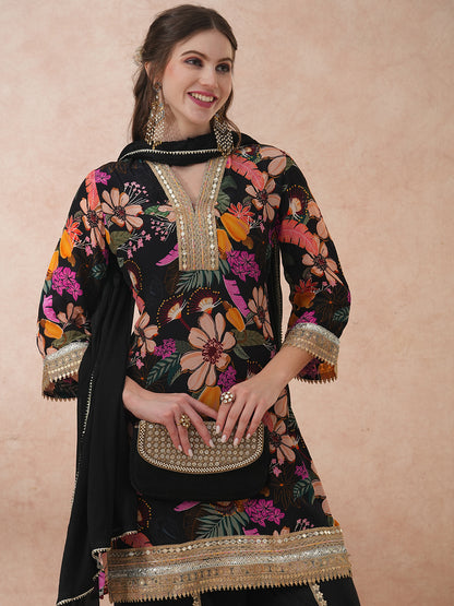 Abstract Floral Printed & Hand Embroidered A-Line Kurta with Pant & Dupatta - Black