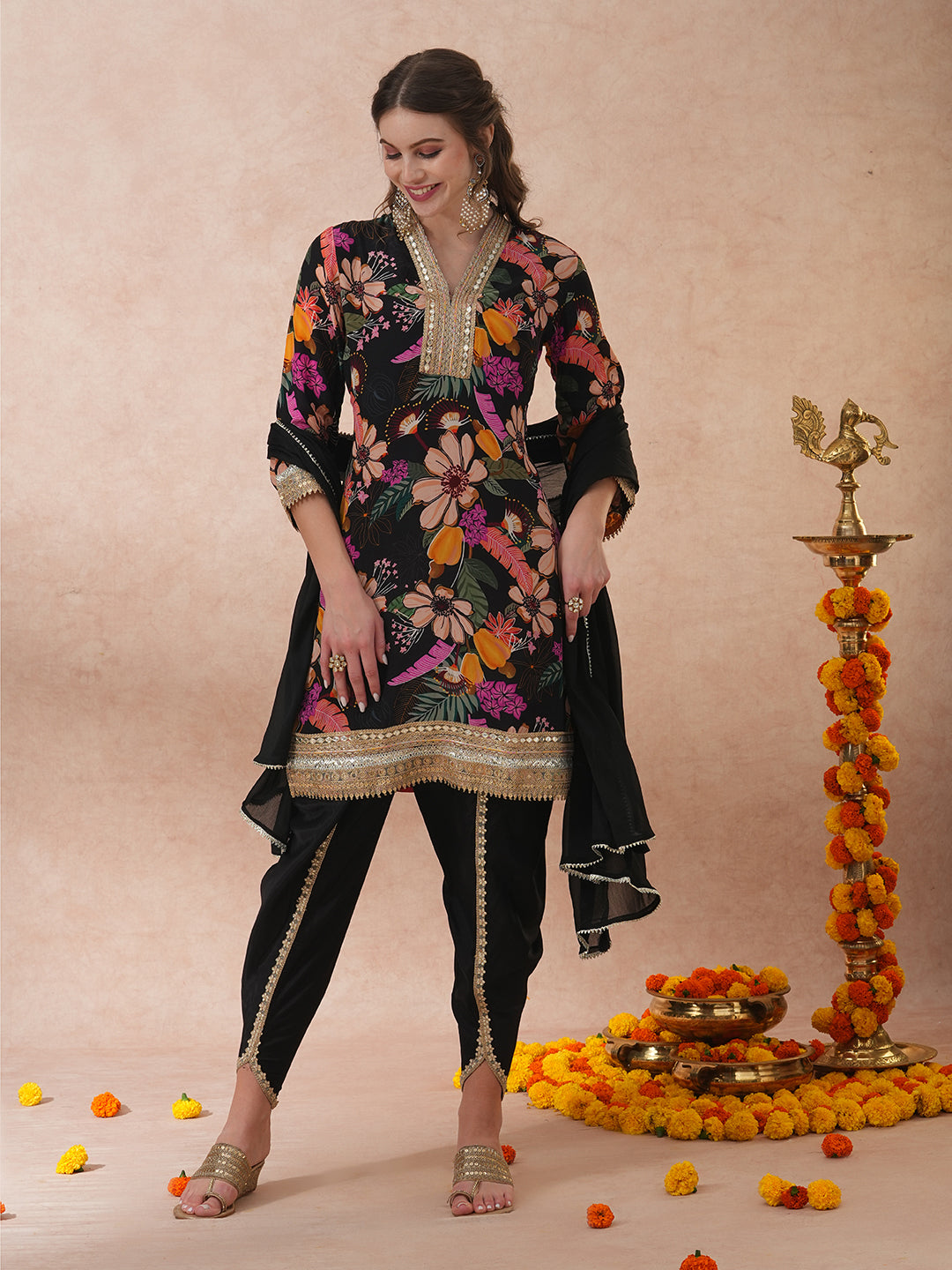 Abstract Floral Printed & Hand Embroidered A-Line Kurta with Pant & Dupatta - Black