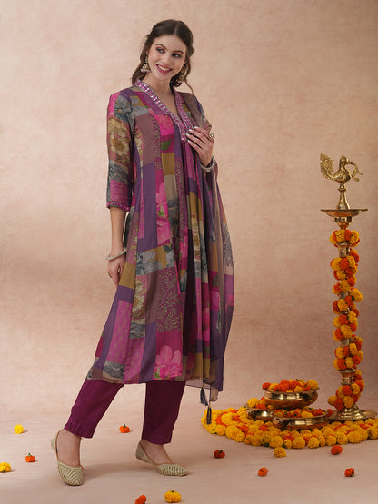 Abstract Floral Printed & Embroidered A-Line Kurta with Pant & Dupatta - Purple