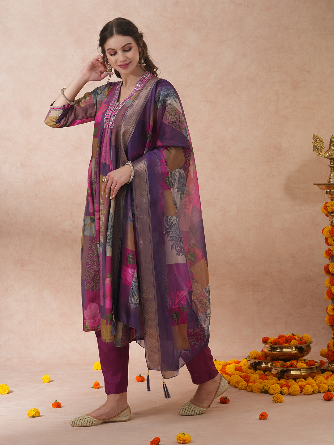 Abstract Floral Printed & Embroidered A-Line Kurta with Pant & Dupatta - Purple