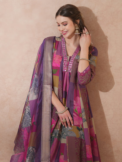 Abstract Floral Printed & Embroidered A-Line Kurta with Pant & Dupatta - Purple