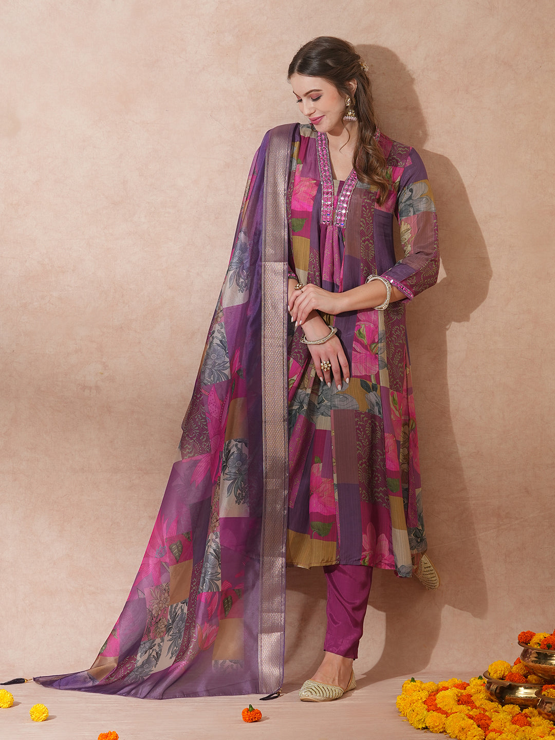 Abstract Floral Printed & Embroidered A-Line Kurta with Pant & Dupatta - Purple