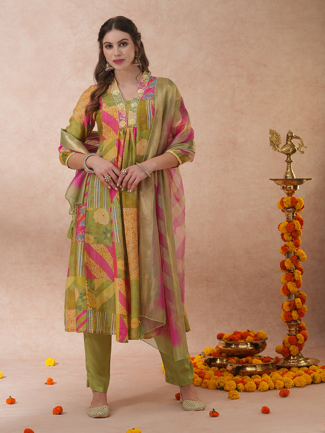 Abstract Floral Printed & Hand Embroidered A-Line Kurta with Pant & Dupatta - Green