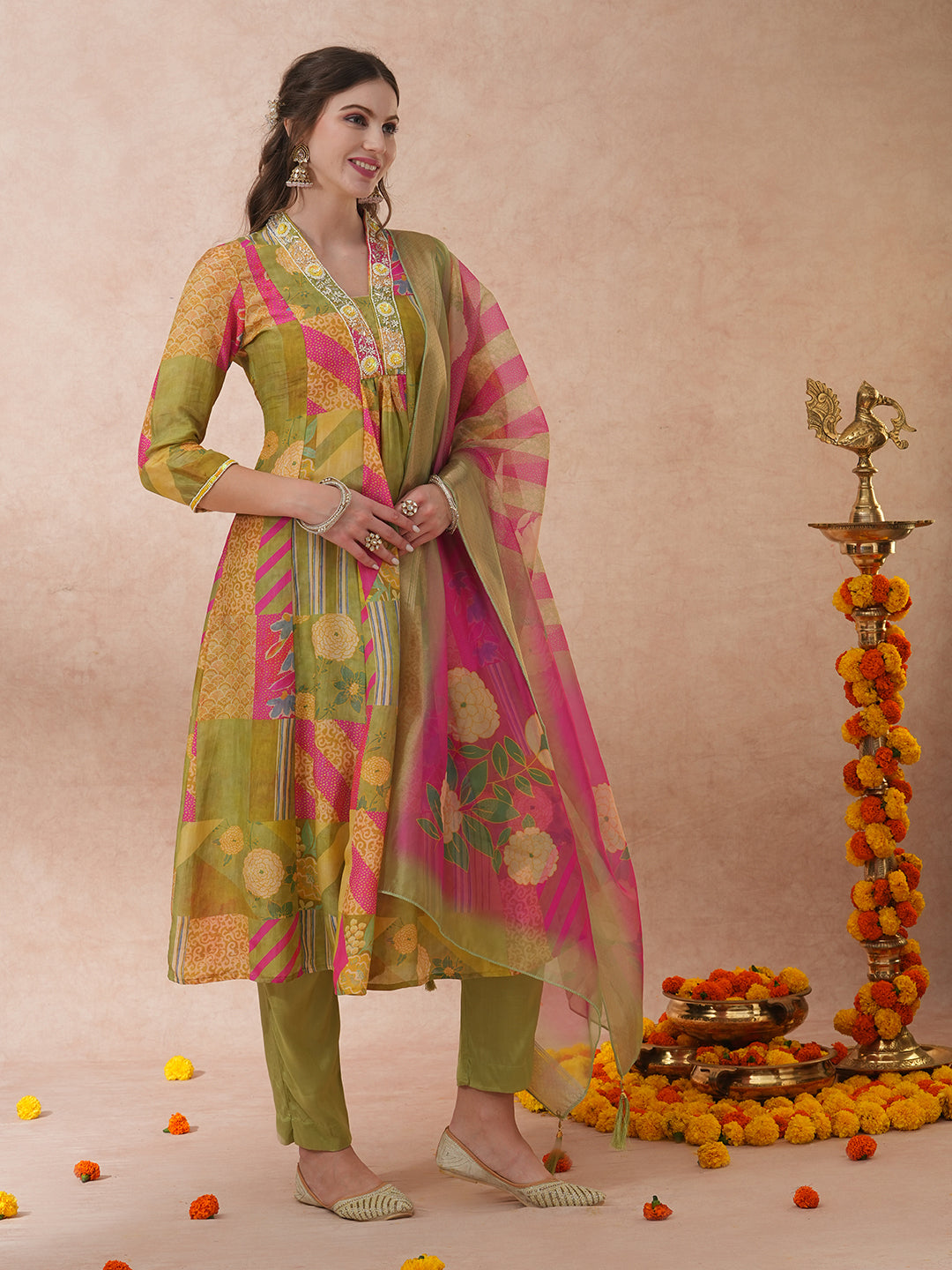 Abstract Floral Printed & Hand Embroidered A-Line Kurta with Pant & Dupatta - Green