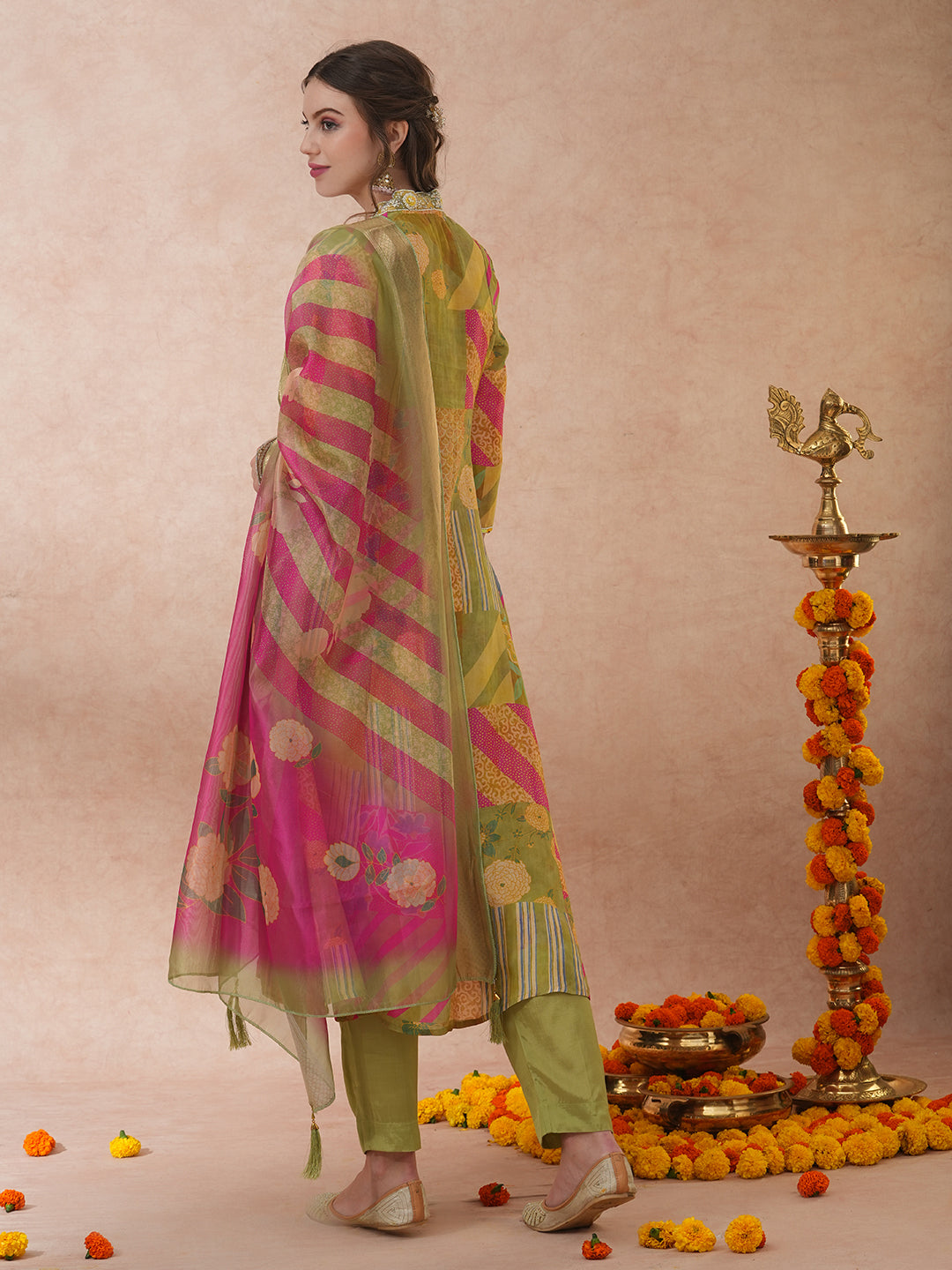 Abstract Floral Printed & Hand Embroidered A-Line Kurta with Pant & Dupatta - Green