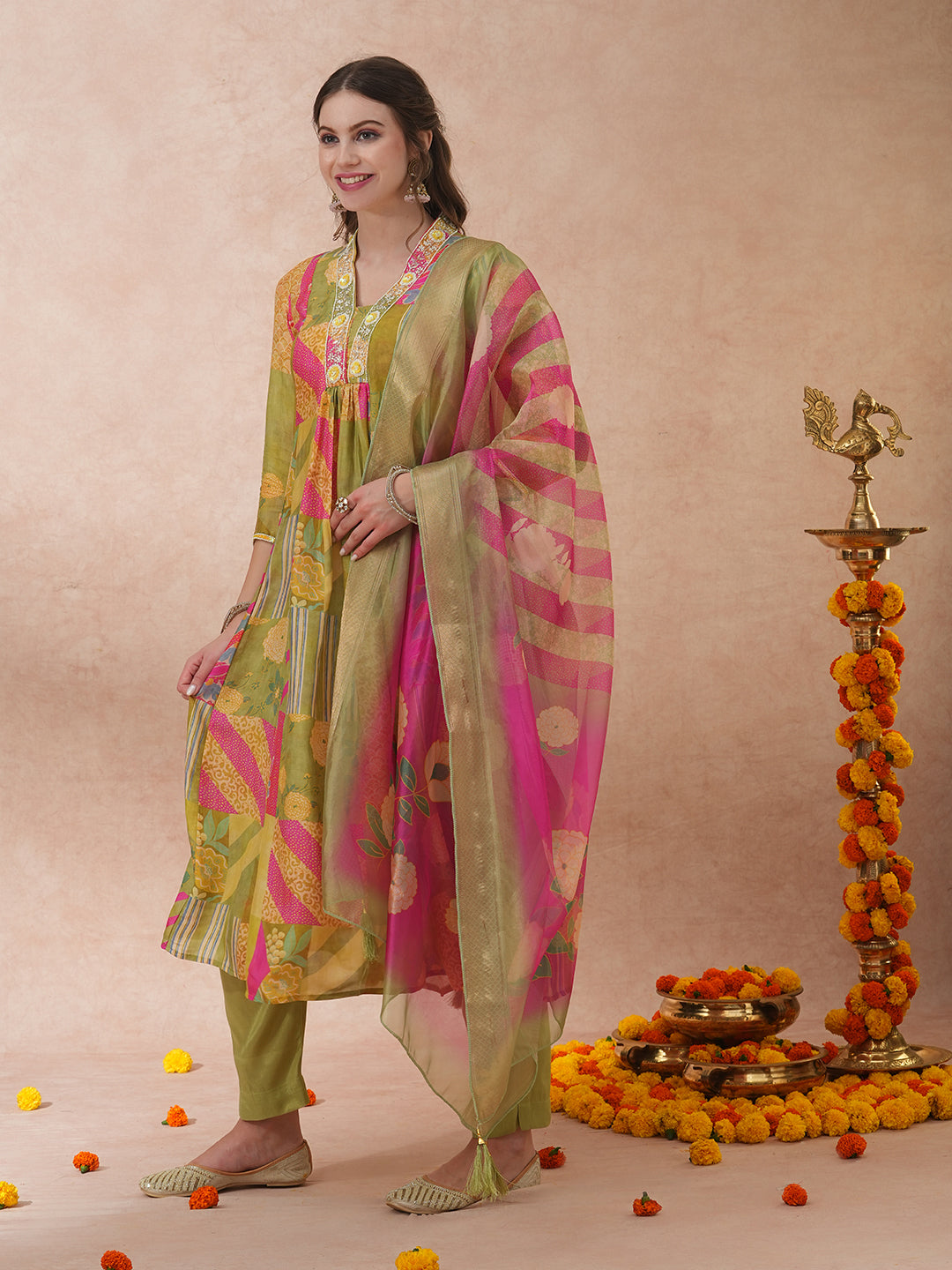 Abstract Floral Printed & Hand Embroidered A-Line Kurta with Pant & Dupatta - Green