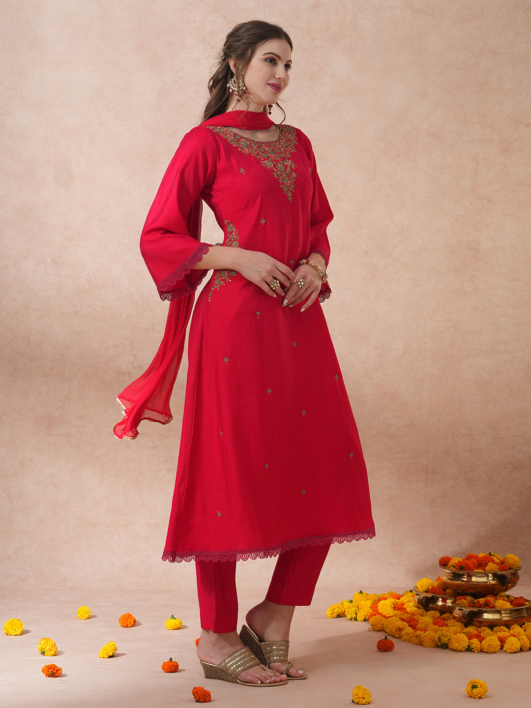 Ethnic Floral Embroidered A-Line Kurta with Pant and Dupatta - Pink