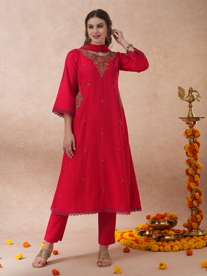 Ethnic Floral Embroidered A-Line Kurta with Pant and Dupatta - Pink