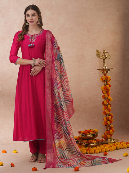 Ethnic Floral Embroidered A-Line Kurta with Palazzo and Dupatta - Pink