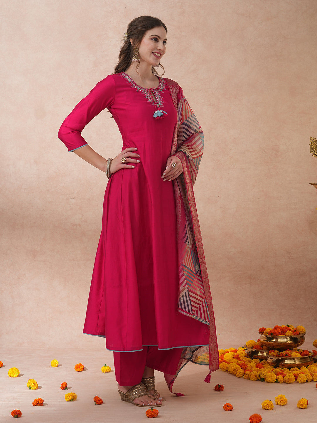 Ethnic Floral Embroidered A-Line Kurta with Palazzo and Dupatta - Pink