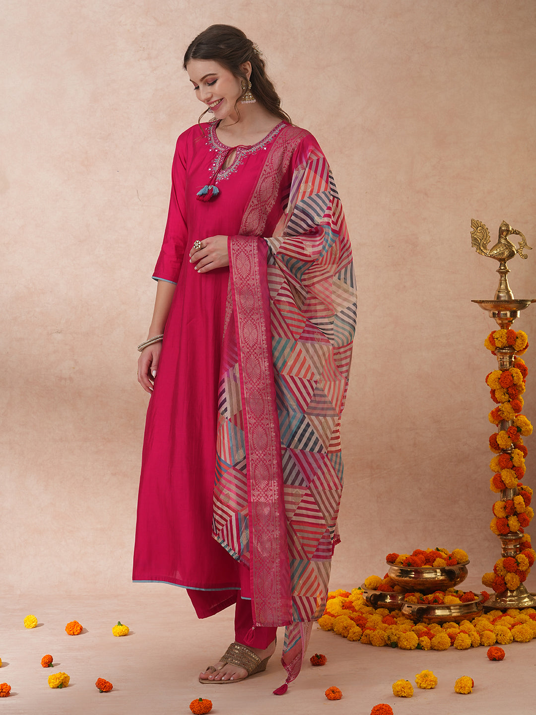 Ethnic Floral Embroidered A-Line Kurta with Palazzo and Dupatta - Pink