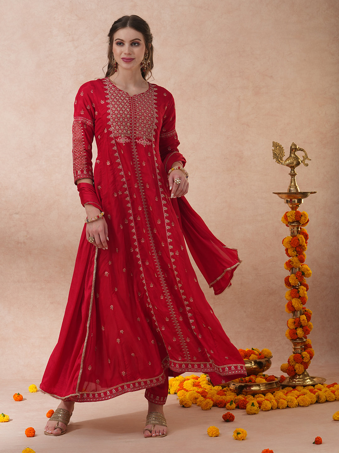 Solid Ethnic Embroidered Anarkali Flared Kurta with Pant & Dupatta - Red