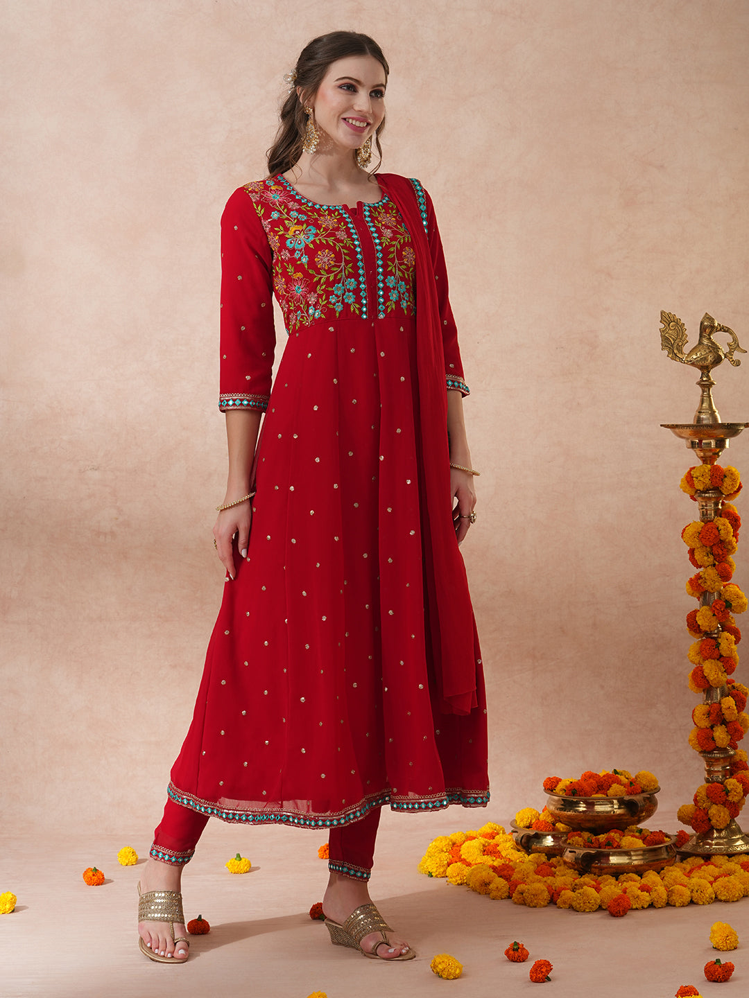 Solid Floral Embroidered Anarkali Flared Kurta with Pant & Dupatta - Red