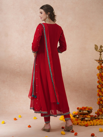 Solid Floral Embroidered Anarkali Flared Kurta with Pant & Dupatta - Red